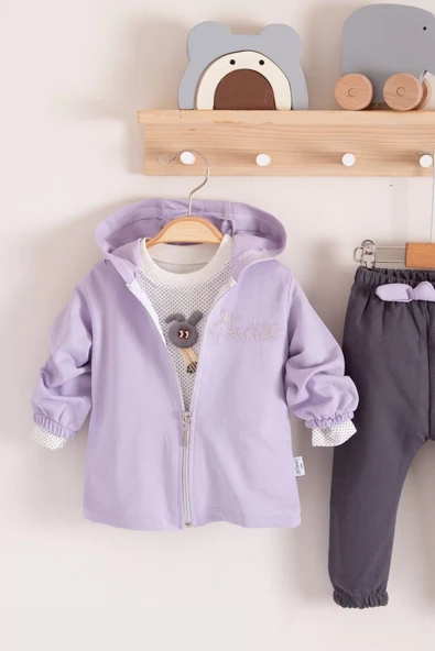 Prences Nakışlı Kapişonlu 3'lü % 100 Pamuk Kız Bebek Takımı - Resim 3