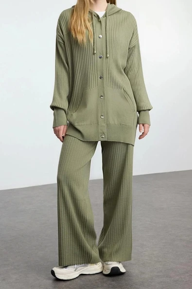 Tarz Kadın Modern Moda Normal Bel Geniş Paça Kapüşonlu Kapüşonlu Oversize Triko Alt-Üst Takım - 5