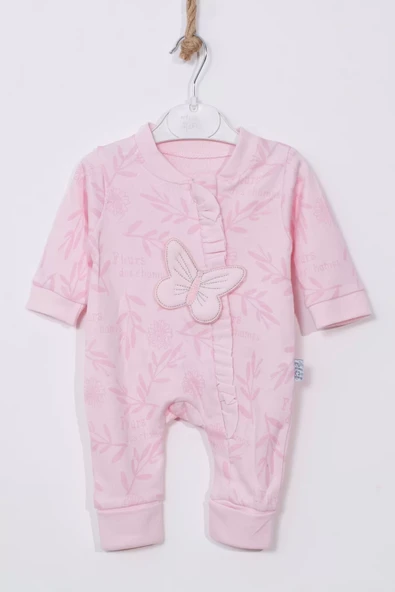 Kelebek Nakışlı % 100 Pamuk Ayaklı Kız Bebek Tulumu - Resim 4