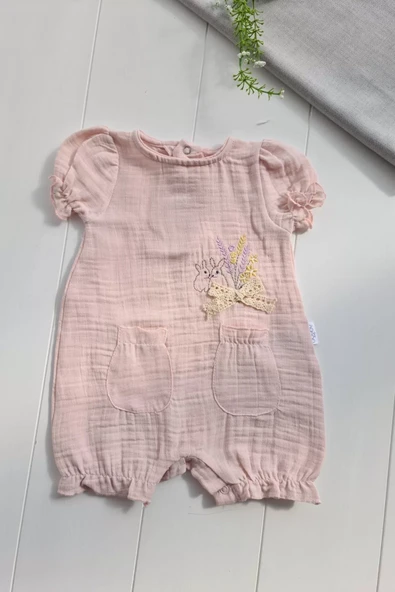 Müslin Kumaş Çiçek Nakışlı Pamuklu Kız Bebek Tulum - Resim 4