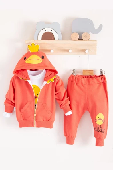 Civciv Desenli Kapişonlu 3'lü Erkek Bebek Takımı - Resim 2