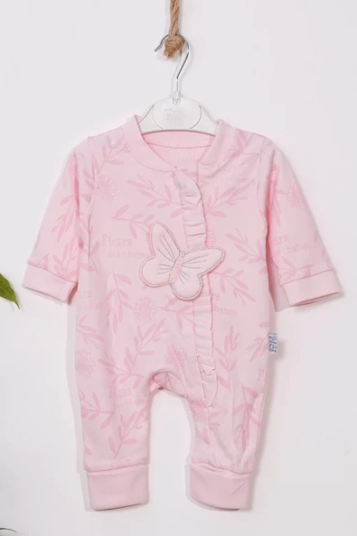 Kelebek Nakışlı % 100 Pamuk Ayaklı Kız Bebek Tulumu - Resim 3
