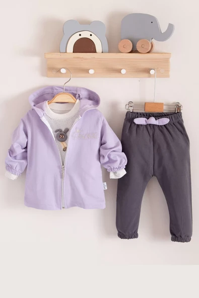 Prences Nakışlı Kapişonlu 3'lü % 100 Pamuk Kız Bebek Takımı - Resim 2