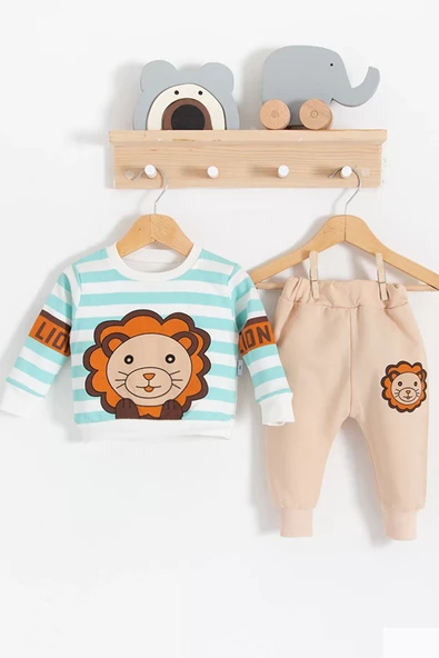 Aslan Desenli 2'li % 100 Pamuk Erkek Bebek Takımı