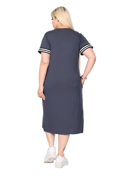 Melsay Butik Antrasit Yakası Şeritli V Yaka Midi Elbise - 6