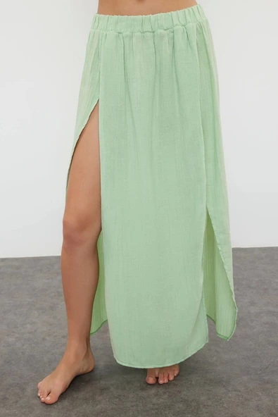 Tarz Kadın Modern Moda Normal Bel Boru Paça Kayık Yaka Mint Dokuma Yırtmaçlı Müslin Bluz Etek Takım - 3