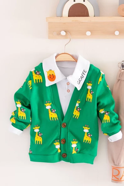 Zürafa Desenli Gömlek Yakalı 3'lü Erkek Bebek Takımı - 4