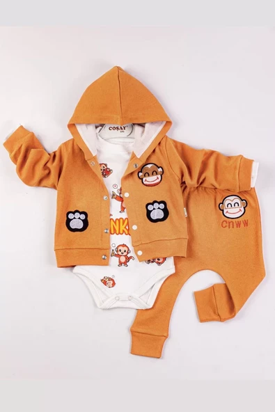 Monkey Nakışlı Kapişonlu Erkek Bebek Takım