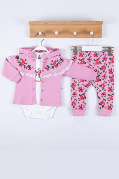 Flover Nakışlı Hırkalı % 100 Pamuk 3'lü Kız Takım