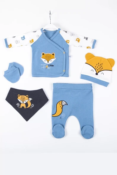 Little Fox Nakışlı 5'li % 100 Pamuk Erkek Bebek Hastane Çıkış Seti - 3