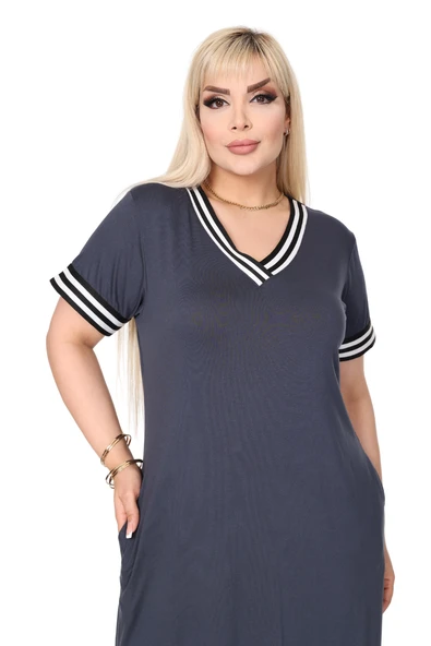 Melsay Butik Antrasit Yakası Şeritli V Yaka Midi Elbise - 3