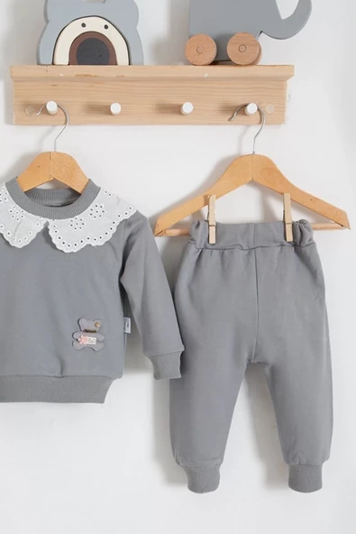 Dantel Yakalı Pamuklu 2'li Kız Bebek Takımı - Resim 5