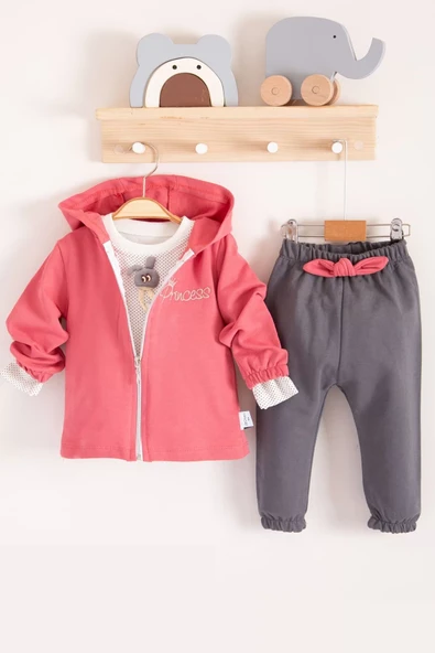 Prences Nakışlı Kapişonlu 3'lü % 100 Pamuk Kız Bebek Takımı - Resim 2