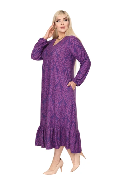 Melsay Butik Kışlık Robalı Yumoş Uzun Kollu Mor Dantel Desenli Elbise - 4