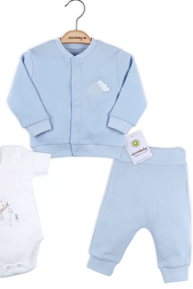 Bulut Nakışlı Hırkalı % 100 Pamuk Erkek Bebek Takım - Resim 4