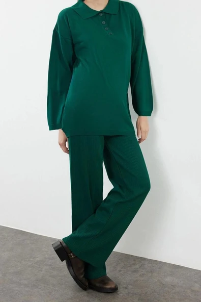 Tarz Kadın Modern Moda Normal Bel Boru Paça Polo Yaka Polo Yaka Triko Alt-Üst Takım - 4