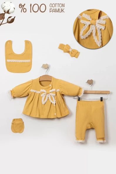 Güpürlü Fiyonk Detaylı % 100 Pamuk 5'li Kız Bebek Hastane Çıkışı - Resim 2