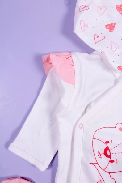 Kalp Desenli 5'li Kız Bebek Hastane Çıkış Seti - Resim 6