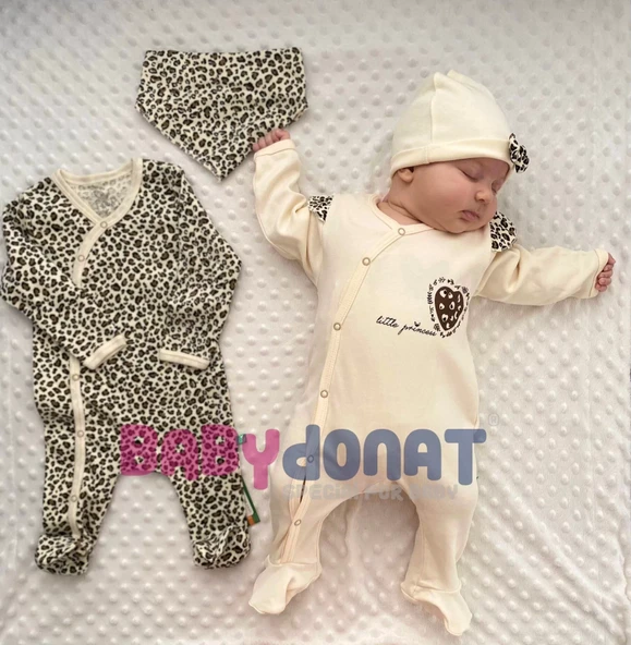 Açık Kahve Leopar Desenli Kız Bebek 4'lü Tulum Seti