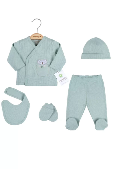 Koala Nakışlı Çizgili 5'li % 100 Pamuk Hastane Çıkış Seti - Resim 2