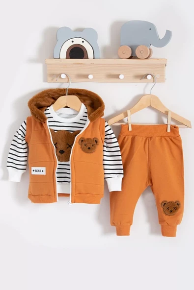 Peluş Ayıcık Desenli Kapişonlu 3'lü Erkek Bebek Takımı - 3