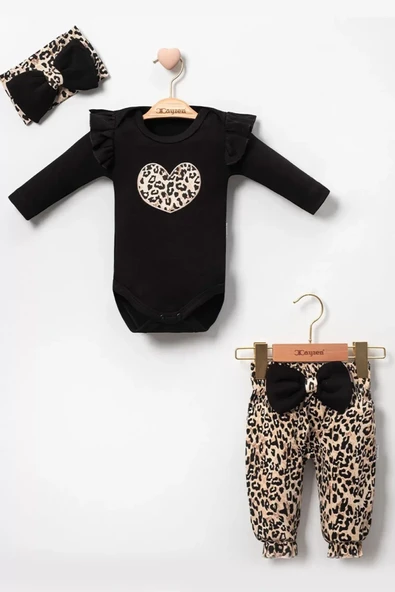 Fiyonklu Leopar Desenli % 100 Pamuk Kız Bebek Takım - Resim 2