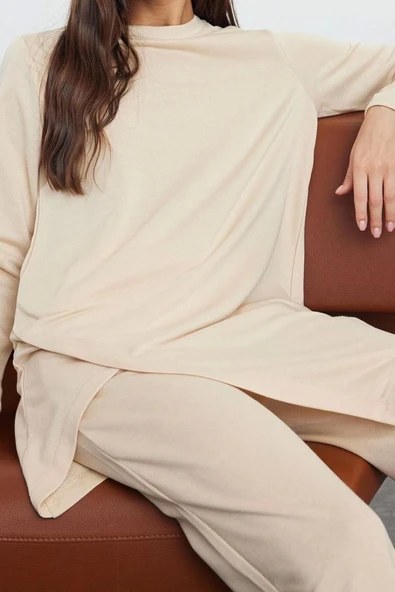 Tarz Kadın Modern Moda Normal Bel Geniş Paça Bisiklet Yaka Asimetrik Kesim Örme Alt-Üst Takım - 2
