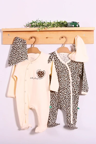 Açık Kahve Leopar Desenli Kız Bebek 4'lü Tulum Seti - 6