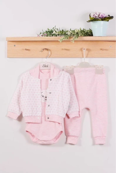 Puan Desenli Kapişonlu % 100 Pamuk 3'lü Kız Bebek Takım - Resim 2