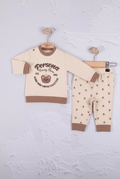 Persona Bear Nakışlı % 100 Pamuk 2'li Erkek Bebek Takım
