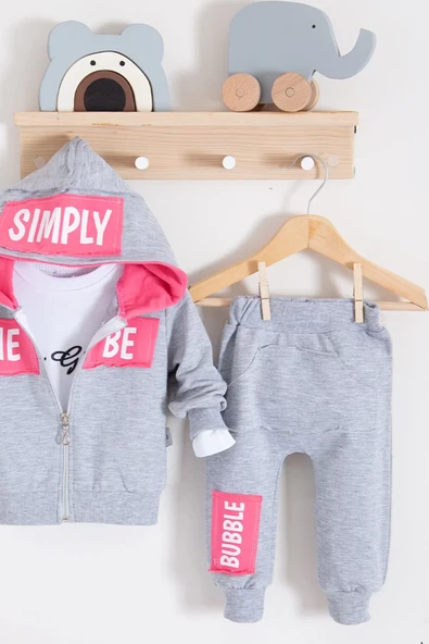 Simply Desenli Kapişonlu 3'lü Kız Bebek Takımı - Resim 5