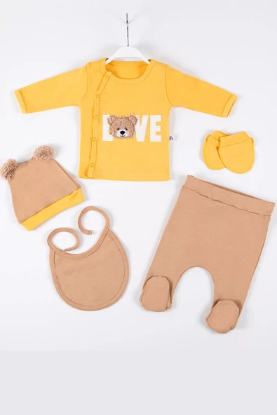 Love Bear Nakışlı 5'li % 100 Pamuk Erkek Bebek Hastane Çıkış Seti - Resim 3