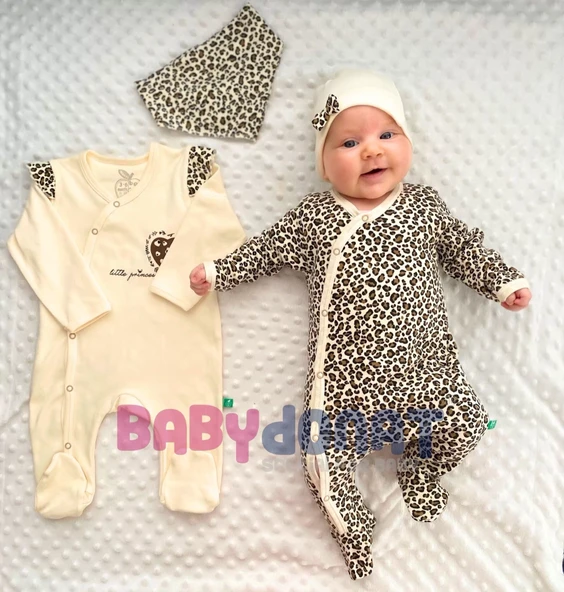 Açık Kahve Leopar Desenli Kız Bebek 4'lü Tulum Seti - 4