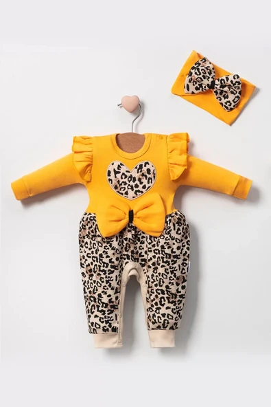 Leopar Desenli Fiyonklu % 100 Pamuk Kız Bebek Tulum - 4