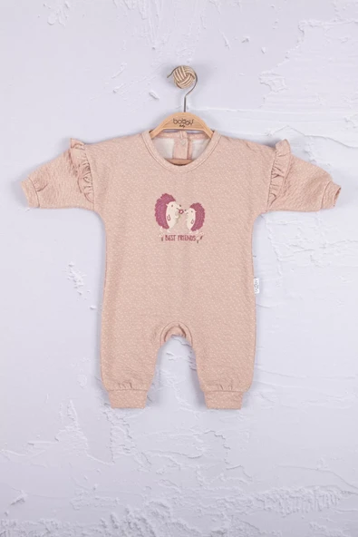 Kirpi Nakışlı % 100 Pamuk Kız Bebek Tulum - Resim 3