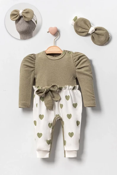 Kız Bebek Kalp Desenli Waffle Bandanalı 2'li Tulum - Resim 3