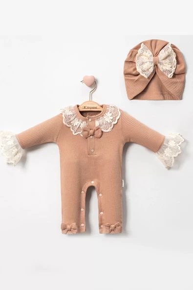 Dantel Yaka Detaylı Şapkalı 2'li Kız Bebek Tulum ürün görseli