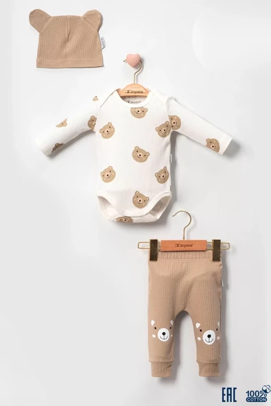 Kulaklı Ayıcık % 100 Pamuk 3'lü Erkek Bebek Takım - Resim 2