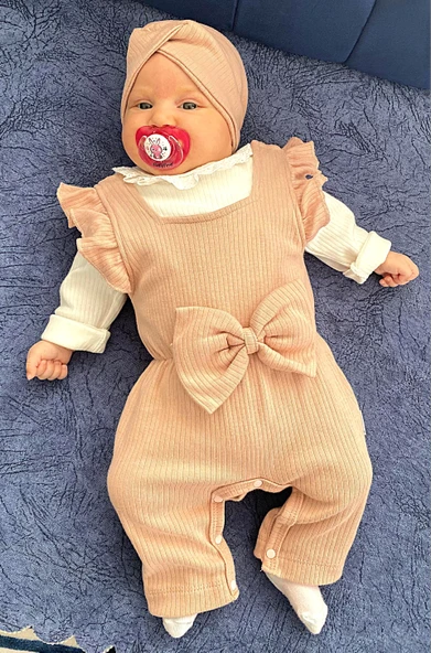 Dantel Yaka Detaylı Fiyonklu 2'li Kız Bebek Salopet Tulum