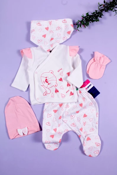 Kalp Desenli 5'li Kız Bebek Hastane Çıkış Seti - Resim 2