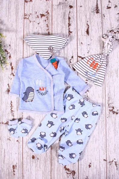 Penguen Desenli Fularlı 5'li Erkek Hastane Çıkışı - Resim 4