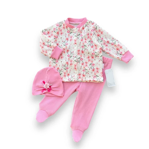 3-6-9-12 Ay Çiçek Baskılı Şapkalı Çıtçıt Kapamalı Patikli 3lü Kız Bebek Takımı - Resim 2