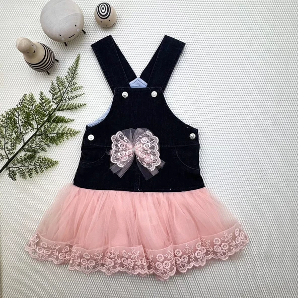 Fiyonklu Düğme Detaylı Tül Etek Kot Kumaş Salopet Kız Çocuk Elbisesi Siyah-pudra - 7