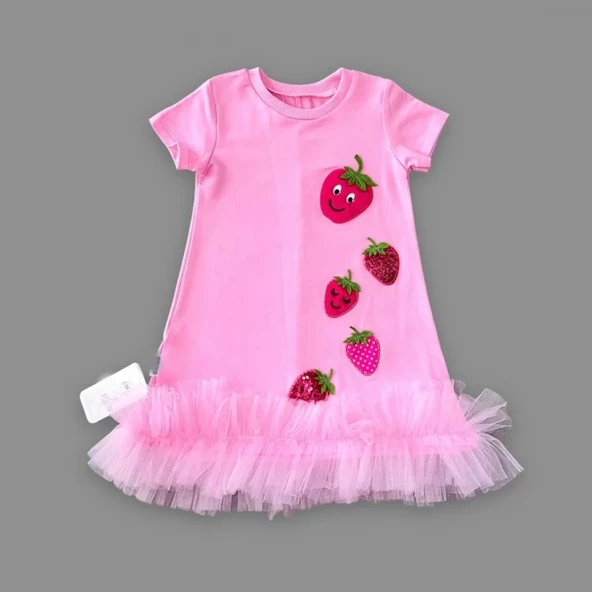Petli Çilekler Nakışlı Eteği Fırfırlı Jile Kız Çocuk Elbisesi Pembe - 4