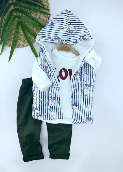 Kapşonlu Fermuarlı Çiçekli Şişme Yelek Sweat Pantolonlu 3lü Kız Erkek Çocuk Takımı - Resim 2