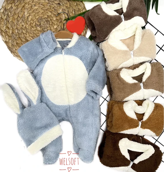 3-6-9-12 Ay Tavşan Kulak Şapkalı Fermuar Kapamalı Patikli Eldivenli Tüylü Erkek Bebek Tulumu Krem - 3