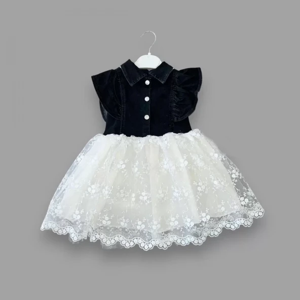 Astarlı Brode Etekli Kot Kumaş Düğmeli Kız Çocuk Elbisesi Siyah - 2