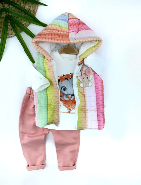 Kapşonlu Fermuarlı Gökkuşağı Şişme Yelek Sweat Pantolonlu 3lü Kız Erkek Bebek Takımı - Resim 3