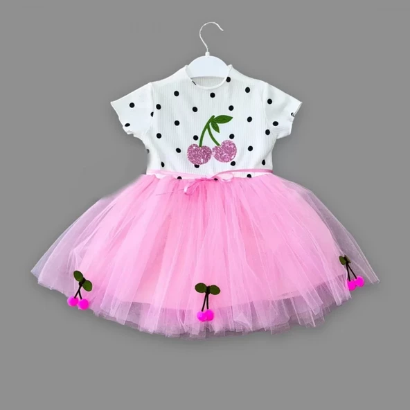 Petli Kiraz Nakışlı Kiraz Etekli Kız Bebek Tütü Elbisesi Pembe - 4