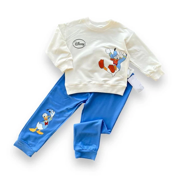 6-9-12-18 Ay Ördek Baskılı Pamuk Penye Kumaş Erkek Bebek Takımı - Resim 3